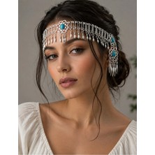 Allona Shop Turquoise Nomad Bohem Baş Aksesuarı – Turkuaz Taş Detaylı Gümüş Saç Zinciri