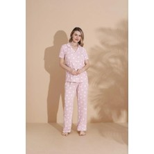 Kiss Me Pudra Pembe Puantiyeli Pamuklu Kumaş Kısa Kollu Gömlek Yaka Pijama Takımı