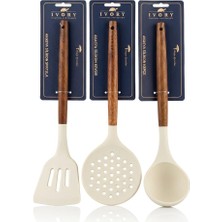 Ivory Akasya Ahşap Saplı Silikon Mutfak Servis Seti 3'lü - Kepçe Kevgir Spatula Seti 30 cm
