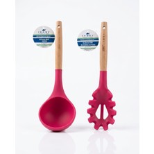 Ivory Ahşap Saplı Silikon Mini Kepçe ve Makarna Kepçesi Seti (24 Cm)