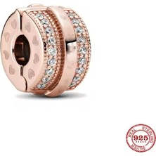 Lovecharm Rose Renk Sparkling Pave Lines Logo Minik Kalp Detaylı Gümüş Klips Charm