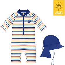 Daring Littles Uv Korumalı Upf 50+ Bebek Şapkalı Yüzme Seti - Uzun Kollu Tulum & Lacivert Şapka- Wonder Lines Koleksiyonu