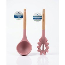 Ivory Ahşap Saplı Silikon Mini Kepçe ve Makarna Kepçesi Seti (24 Cm)
