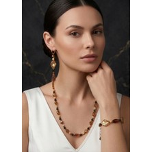 Woona Kehribar & Oniks & Kalsit Taşlı Kolye & Küpe &, Bileklik Premium 4’lü Takı Seti