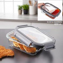 1 Adet 650 ml Borosilikat Cam Saklama Kabı - 4 Klipsli Kilitli Bambu Kapaklı Sızdırmaz Vakumlu Dikdörtgen Beslenme ve Erzak Kabı Dayanıklı Orta Boy Yemek Taşıma Kutusu
