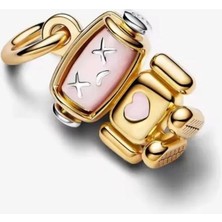Lovecharm 925 Ayar Gold Renk Pembe Detay Kafası Dönen Robot Charm
