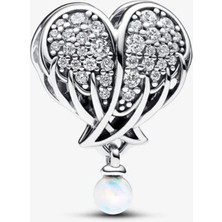 Lovecharm Işıltılı Melek Kanatları Inci Detaylı ve Kalp Charm S925
