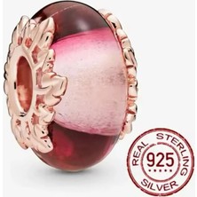 Lovecharm Gümüş Pembe Murano Camı ve Yaprak Charm'ı