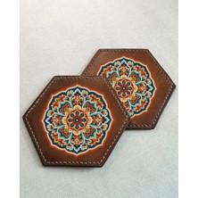 INKD 2'li Deri Bardak Altlığı - Hakiki Vejetal Deri - Mandala Baskılı - El Yapımı Coaster