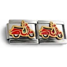 Lovecharm Kırmızı Scooter Figürlü Italyan Charm | Altın Detaylı Paslanmaz Çelik Bileklik Ucu