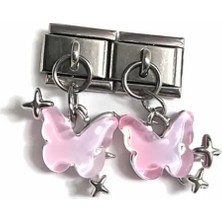 Lovecharm Pembe Kelebek Figürlü Yıldız Detaylı Italyan Charm – Çelik Bileklik Uyumlu Sallantılı Charm