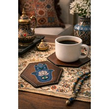 INKD 2'li Deri Bardak Altlığı - Hakiki Vejetal Deri - Hamsa Baskılı - El Yapımı Coaster