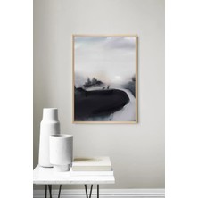 Muyika Design Duvar Tablosu Dekoratif Ahşap Çerçeveli Wabi-Sabi Stil Puslu Manzara ve Geyik Figürlü - 50X70 cm Modern Salon Tablosu