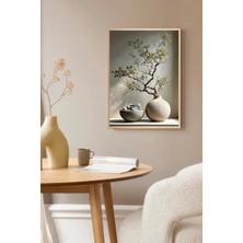 Muyika Design Duvar Tablosu Dekoratif Ahşap Çerçeveli Wabi-Sabi Stil Doğal Taş ve Bonsai Dalı Temalı - 50X70 cm Modern Salon Tablosu