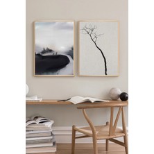 Muyika Design Duvar Tablosu Dekoratif Ahşap Çerçeveli Wabi-Sabi Stil Botanik Yaprak Figürlü - Modern Salon Tablosu 2'li Kombin Set