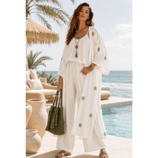 Qymos Prive Ekru Etnik Desenli Uzun Kimono – Keten, Kuşaklı, Yazlık Rahat Şık Yumuşak Dokulu Kimono Kaftan Pareo