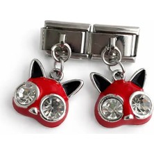 Lovecharm Kırmızı Kedi Figürlü Taşlı Italyan Charm | Sallantılı Paslanmaz Çelik Bileklik Ucu