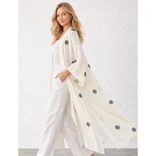 Qymos Prive Ekru Etnik Desenli Uzun Kimono – Keten, Kuşaklı, Yazlık Rahat Şık Yumuşak Dokulu Kimono Kaftan Pareo