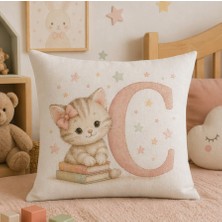 Kadorex Design Sevimli Kedicik Harfli Bebek Odası Kırlent Dekoratif Kılıfı (40 x 40) cm (C) Harfı