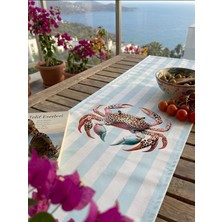 Rahan Design Yengeç Desenli Mavi Çizgili Yazlık Leke Tutmaz Runner - 40X140CM - Yazlık Yengeç Desenli Runner