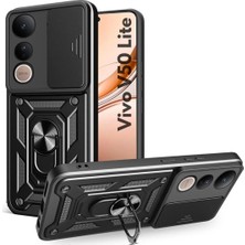 HANPORIUM Vivo V50 Lite Uyumlu Tank Kılıf - Yüzüklü Standlı Extra Darbe Koruma Zırhlı Outdoor Kapak - Siyah