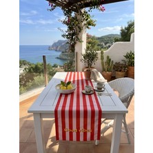 Rahan Design Good Vibes Yazılı Kırmızı Çizgili Dekoratif Runner - 45X145CM - Kırmızı Çizgili Runner - Dekoratif Runner