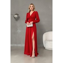Ang Butik Kadın Balık Kesim Uzun Kollu Yırtmaçlı Abiye