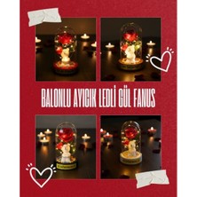 Runaway Balonlu Ayıcık Ledli Gül Fanus Dekoratif Masa Lambası