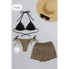 Modanı Seç Kadın 3'lü Set Siyah ve Leopar Desenli Şortlu Yandan Bağlamalı Bikini Mayo Takımı