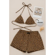 Modanı Seç Kadın Leopar Desenli Şortlu Belden ve Boyundan Bağlamalı Bikini Takımı