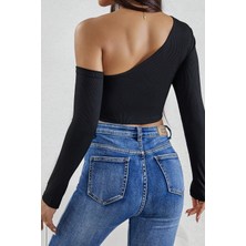 Modanı Seç Kadın Siyah Tek Omuz Detaylı Uzun Kol Crop Top Bluz