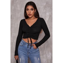 Modanı Seç Kadın Siyah Uzun Kollu Büzdürme Bağcık Detaylı Crop Top Bluz