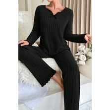 Modanı Seç Kadın Siyah Uzun Kollu Fiyonklu Yuvarlak Yaka Mevsimlik Pijama Takımı