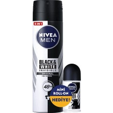 Nivea Black White Erkek Sprey Deodorant 150 ml + Nıvea Mini Roll On 25 ml Hızlı Kuruma Özelliği ile 48 Saat Koruma