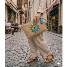 Ju Yaratıcı Tasarım Hasır Kadın Portföy & Clutch Çanta Mavi