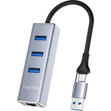 VegGieg USB ve Type-C Gigabit Ethernet Adaptörü 3 Port USB 3.0 Çoklayıcı Hub