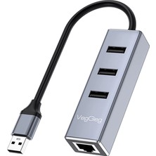 Veggieg USB 2.0 To 100MBPS Ethernet Çevirici ve 3 Portlu USB Hub Çoklayıcı