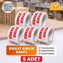 Badem10 (5 Adet) Dikkat Kırılır Koli Bandı 45X100 mt Kırılabilir Uyarı Baskılı Güçlü Paketleme Bantı