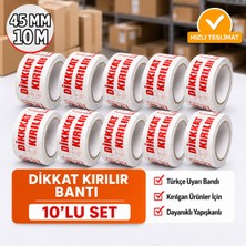 Badem10 (10 Adet) Dikkat Kırılır Koli Bandı 45X100 mt Kırılabilir Uyarı Baskılı Güçlü Paketleme Bantı