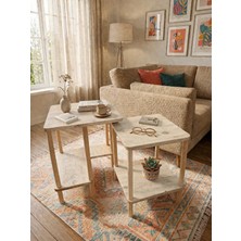 tridihome Modern Traverten Zigon Sehpa Ikili Set Minimal Tasarım Yan Sehpa Dekoratif Ahşap