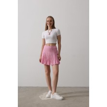 Viastill Beli Lastikli Mini Etek - Pembe