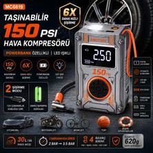 Airstorr MC6619 150 Psı Taşınabilir Hava Kompresörü Powerbanklı Dijital Lastik Şişirme Pompası LED Işıklı
