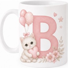 Kadorex Design Kişiye Özel Harfli Kedi Kupa – Sevimli Pembe Tasarımlı Kahve Kupası (B) | Hediyelik Bardak