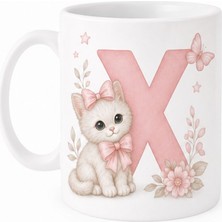 Kadorex Design Kişiye Özel Harfli Kedi Kupa – Sevimli Pembe Tasarımlı Kahve Kupası (X) | Hediyelik Bardak
