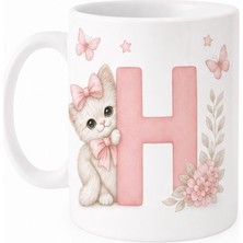 Kadorex Design Kişiye Özel Harfli Kedi Kupa – Sevimli Pembe Tasarımlı Kahve Kupası (H) | Hediyelik Bardak
