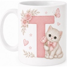 Kadorex Design Kişiye Özel Harfli Kedi Kupa – Sevimli Pembe Tasarımlı Kahve Kupası (T) | Hediyelik Bardak