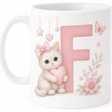 Kadorex Design Kişiye Özel Harfli Kedi Kupa – Sevimli Pembe Tasarımlı Kahve Kupası (F) | Hediyelik Bardak