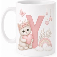 Kadorex Design Kişiye Özel Harfli Kedi Kupa – Sevimli Pembe Tasarımlı Kahve Kupası (Y) | Hediyelik Bardak