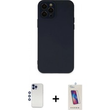 Marsilyan™- iPhone 12 Pro Max Kılıf Çekirdek Modern Serisi - Siyah Joko 5d Cam + Lacivert Shine Kamera Lens