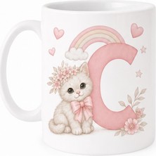 Kadorex Design Kişiye Özel Harfli Kedi Kupa – Sevimli Pembe Tasarımlı Kahve Kupası (C) | Hediyelik Bardak